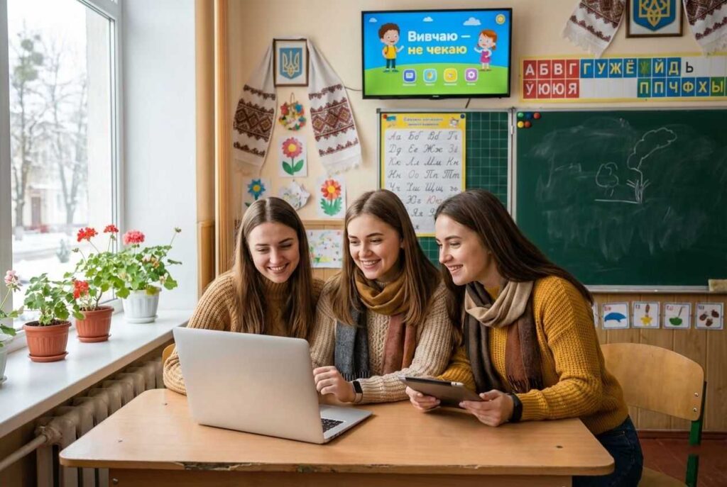 Вчителі початкової ланки Кременчуцького ліцею № 11 "Гарант" опановують інтерфейс та можливості освітнього застосунку "Вивчаю – не чекаю" під час методичного тренінгу в сучасному класі.