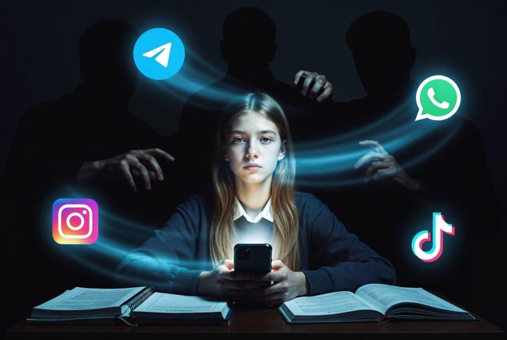 Дівчина-ліцеїстка зі смартфоном, що ілюструє виклики, які несе кібербезпека підлітків у месенджерах.