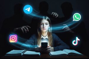 Дівчина-ліцеїстка зі смартфоном, що ілюструє виклики, які несе кібербезпека підлітків у месенджерах.